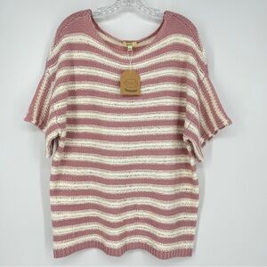 NWT Kori Sweater Short Sleeve Tunic Size Large Striped Pink White Knit USA Made